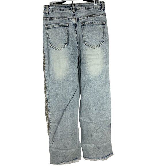 Blue B High-Waisted Light Wash Fringe Embellished Jeans With Raw Hem Size L - Picture 2 of 8